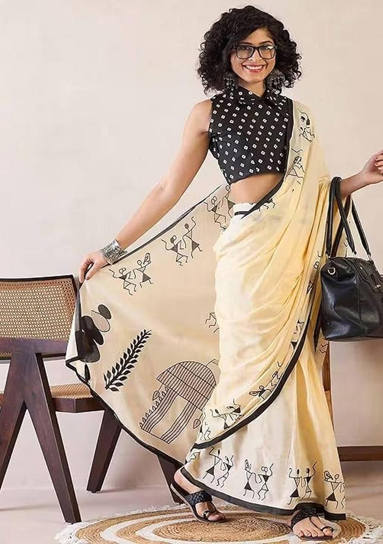 Cream Printed Linen Saree With Blouse - Indya