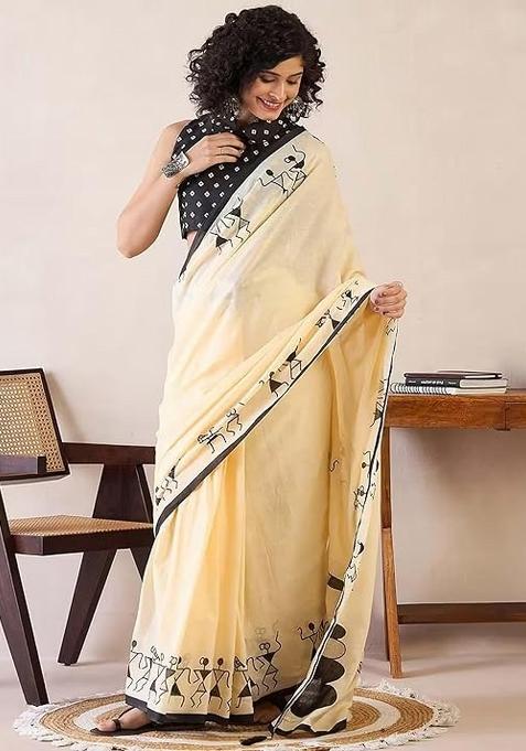 Cream Printed Linen Saree With Blouse — view on Indya