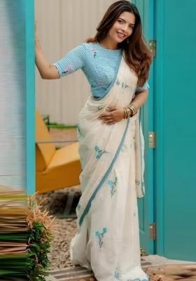 Off White Printed Linen Saree With Blouse