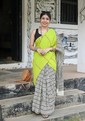 Lime Green Printed Linen Saree With Blouse