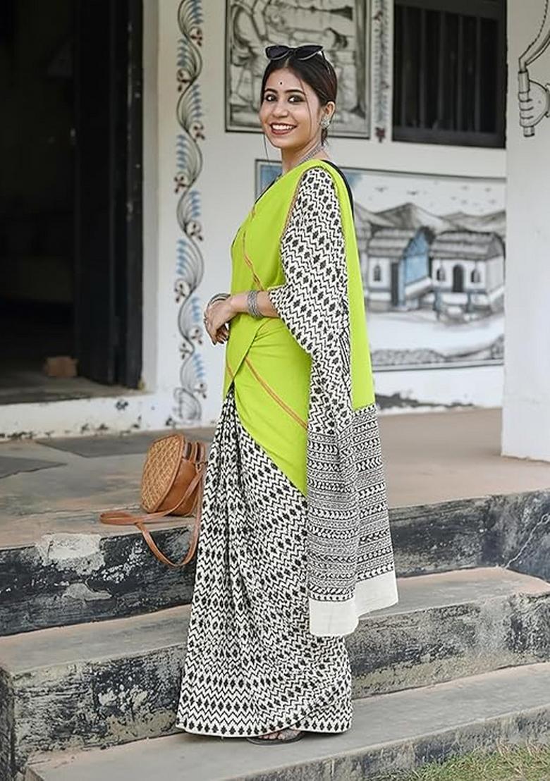 Lime Green Printed Linen Saree With Blouse - Indya