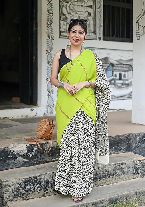 Lime Green Printed Linen Saree With Blouse — view on Indya