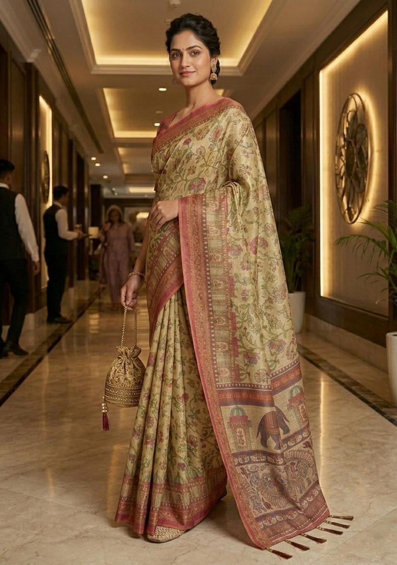 Cream Printed Handloom Saree With Blouse - Indya