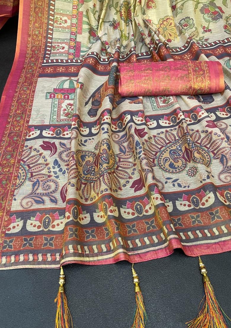 Cream Printed Handloom Saree With Blouse - Indya