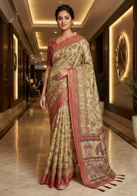 Cream Printed Handloom Saree With Blouse — view on Indya