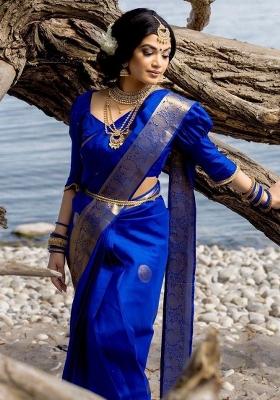 Blue Zari Work Silk Saree With Blouse