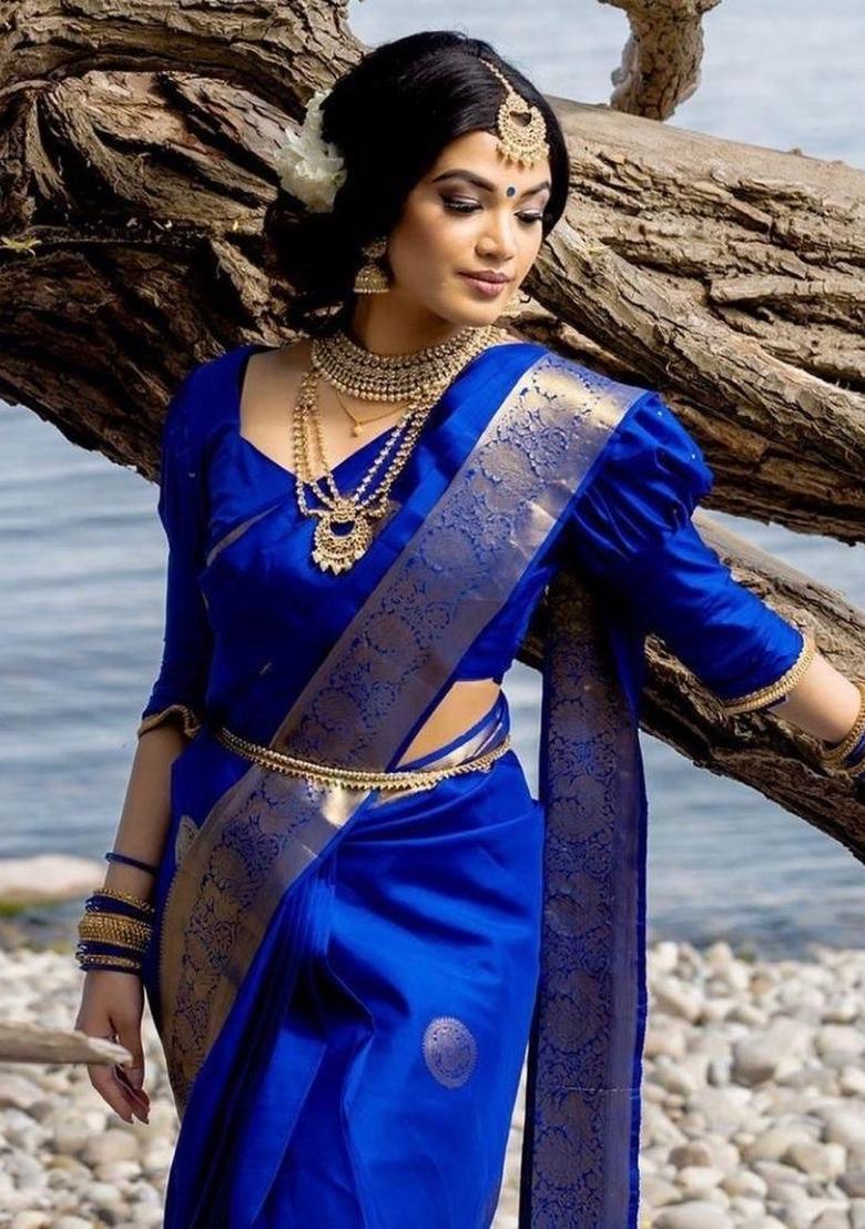 Blue Zari Work Silk Saree With Blouse - Indya