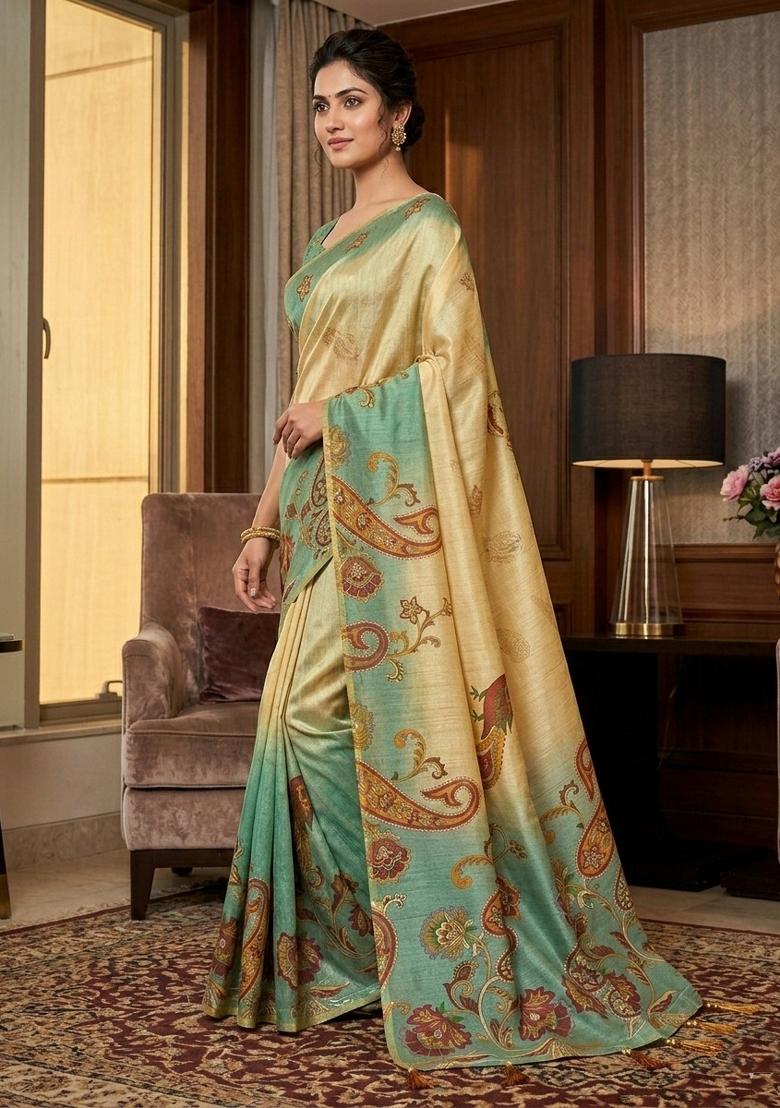 Cream Printed Handloom Saree With Blouse - Indya