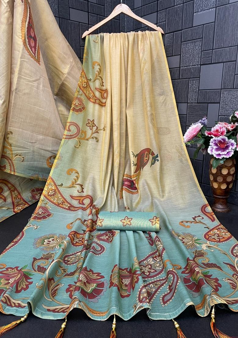 Cream Printed Handloom Saree With Blouse - Indya