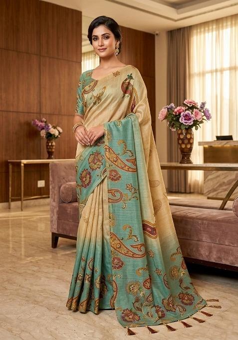 Cream Printed Handloom Saree With Blouse — view on Indya