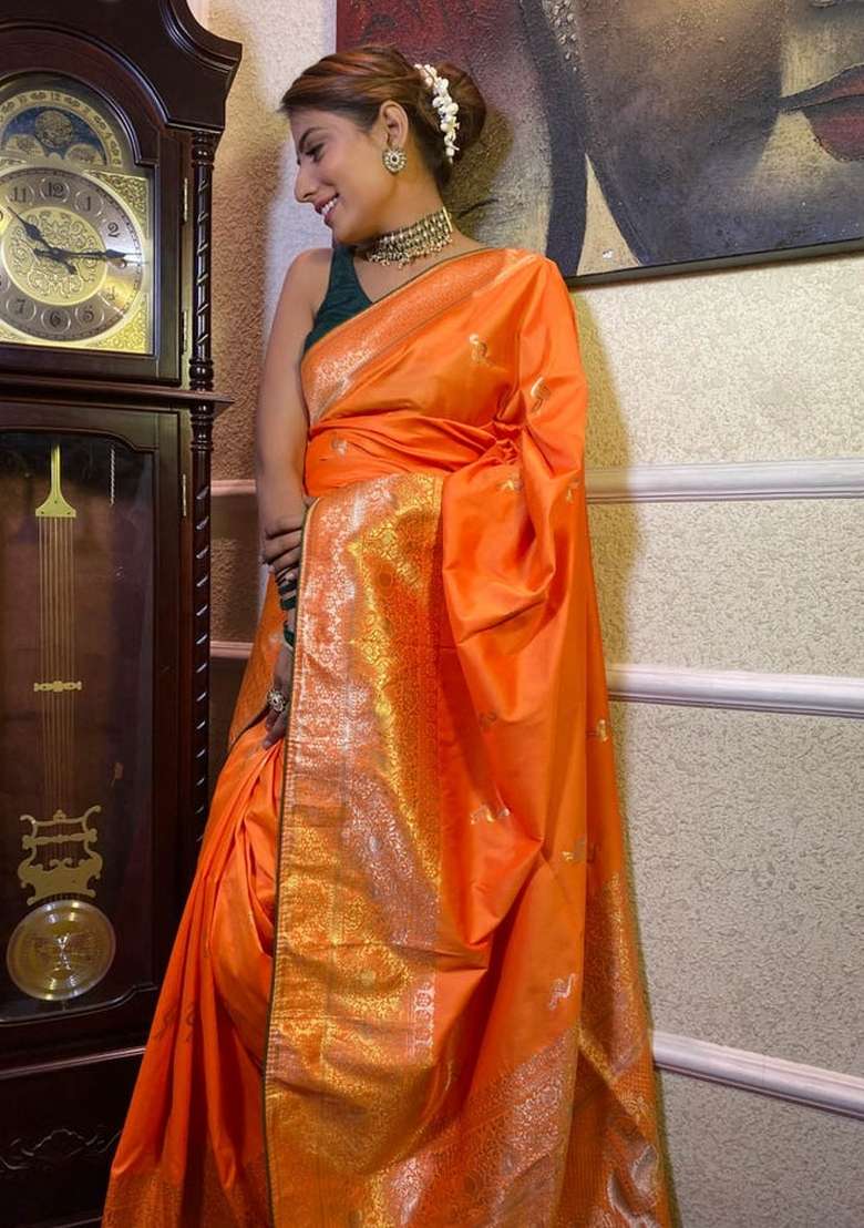 Orange Zari Work Silk Blend Saree With Blouse for Diwali and Festive Wear - Indya