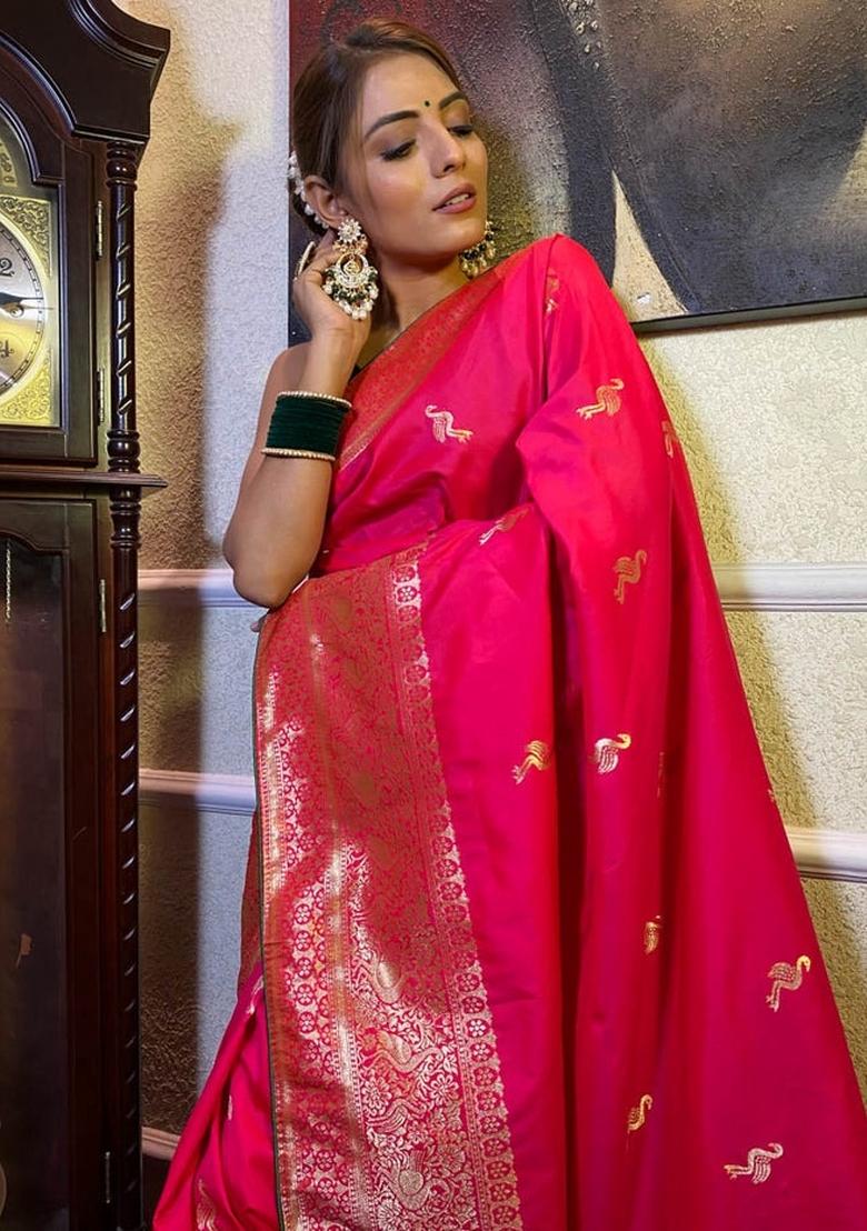 Pink Zari Work Silk Saree With Blouse - Indya