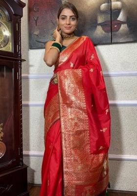 Red Zari Work Silk Saree With Blouse