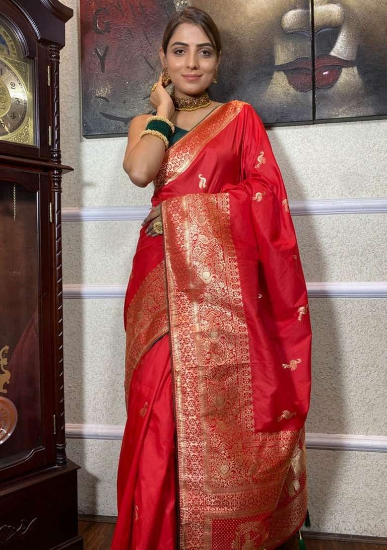 Red With Blouse Silk Blend Saree with Zari Work for Diwali | Wedding & Festive Wear - Indya