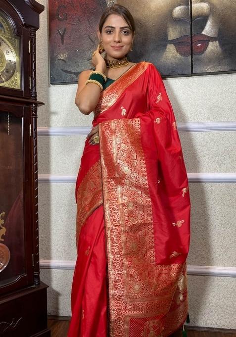 Red Zari Work Silk Saree With Blouse