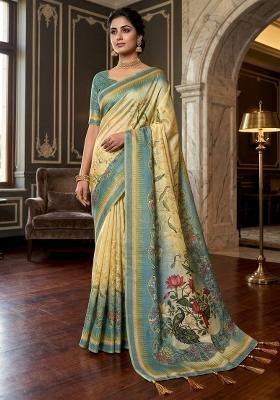 Cream Printed Handloom Saree With Blouse