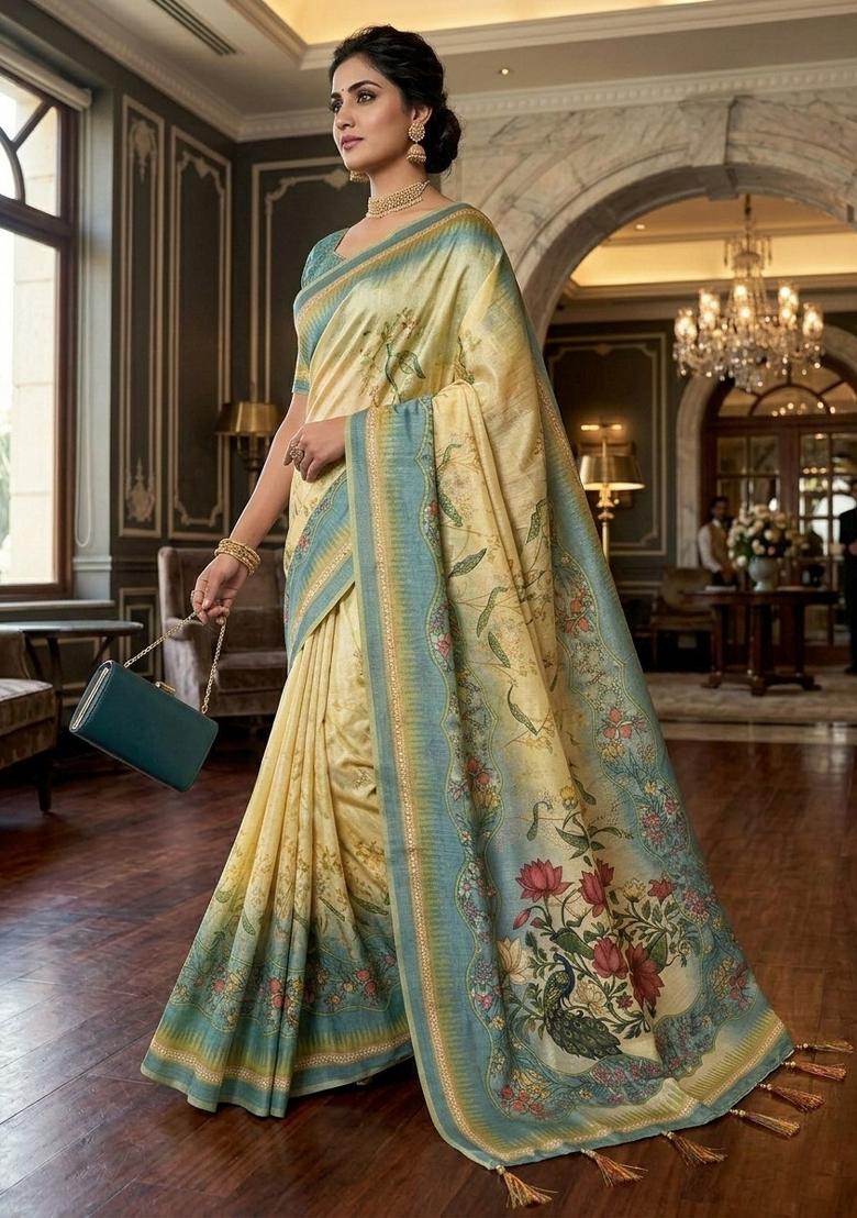 Cream Printed Handloom Saree With Blouse - Indya