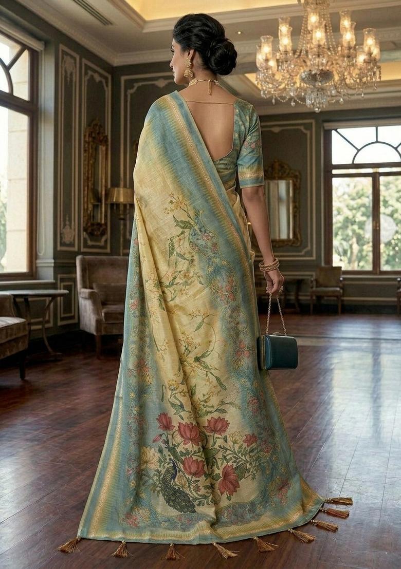 Cream Printed Handloom Saree With Blouse - Indya