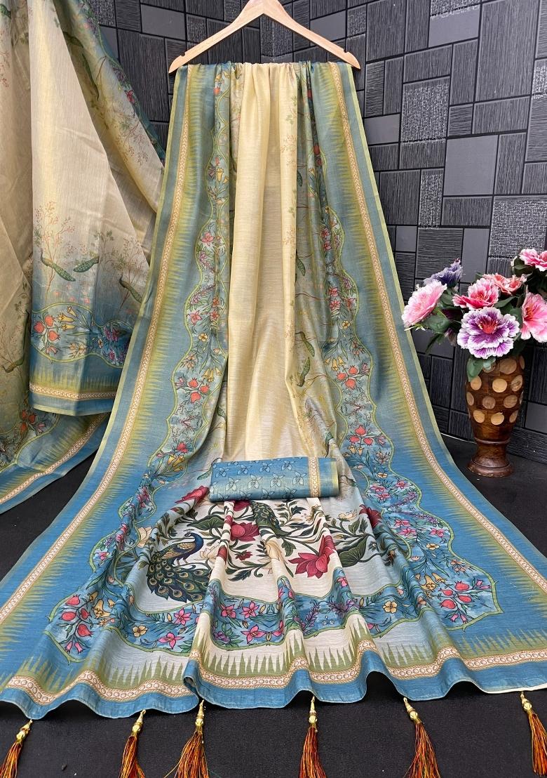 Cream Printed Handloom Saree With Blouse - Indya