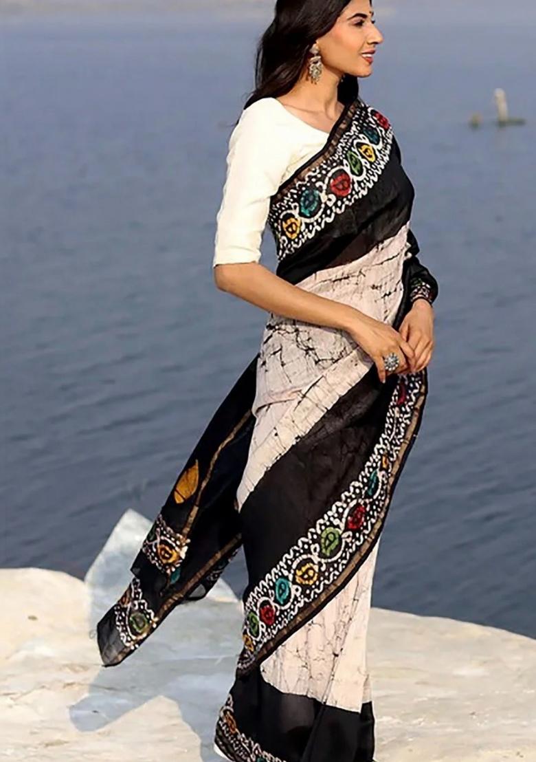 Cream Printed Linen Saree With Blouse - Indya