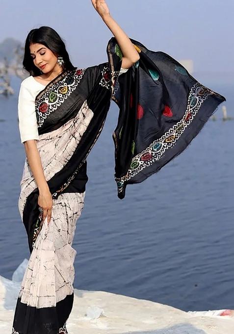 Cream Printed Linen Saree With Blouse — view on Indya