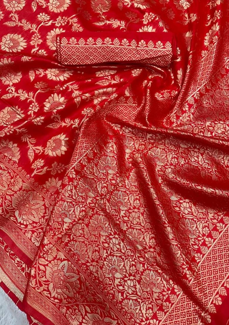 Red Weaving Silk Saree With Blouse - Indya