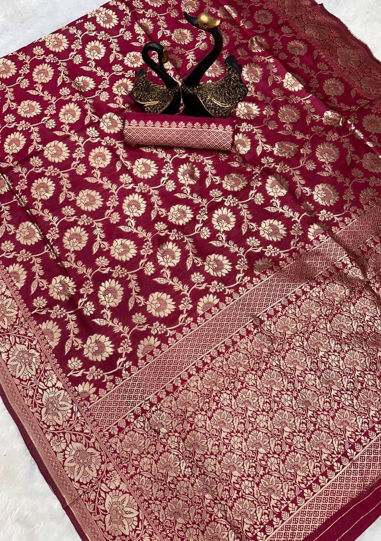 Wine Weaving Silk Saree With Blouse - Indya