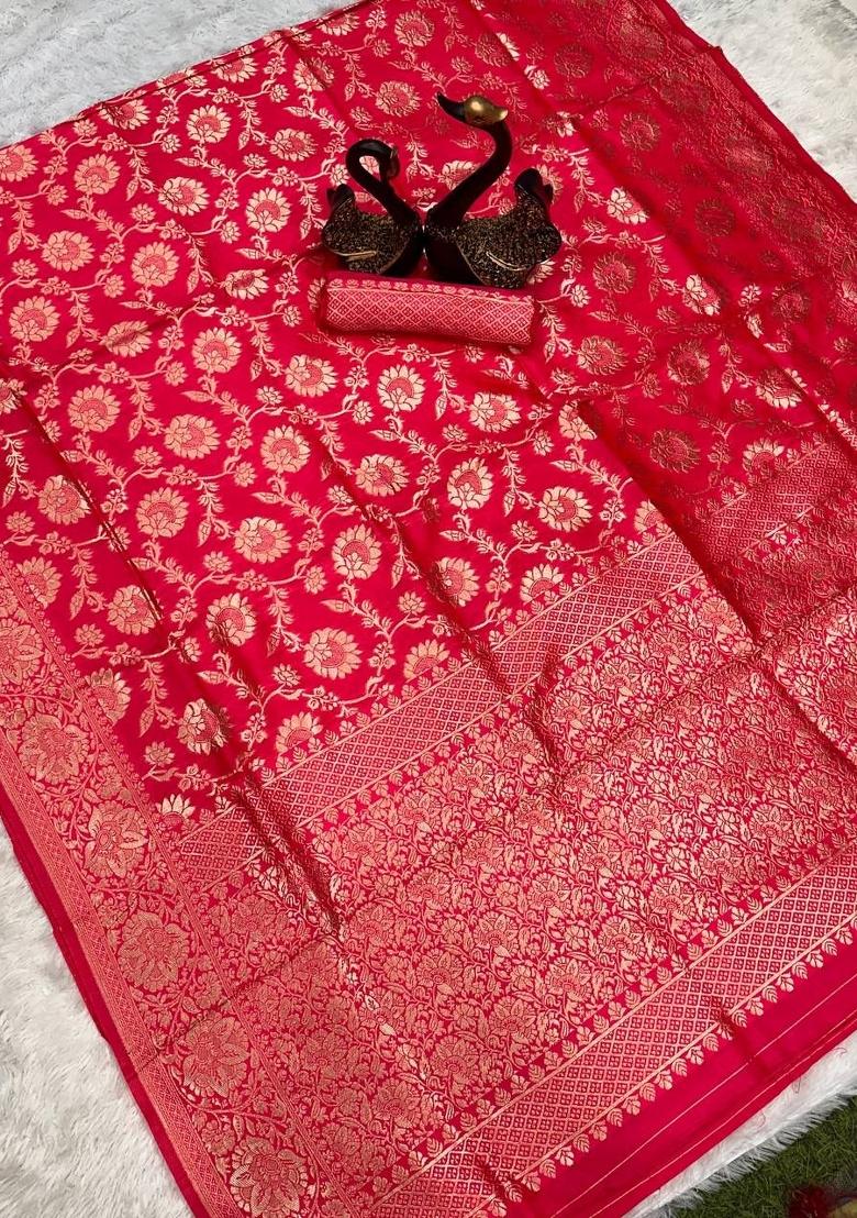 Pink Weaving Silk Saree With Blouse - Indya