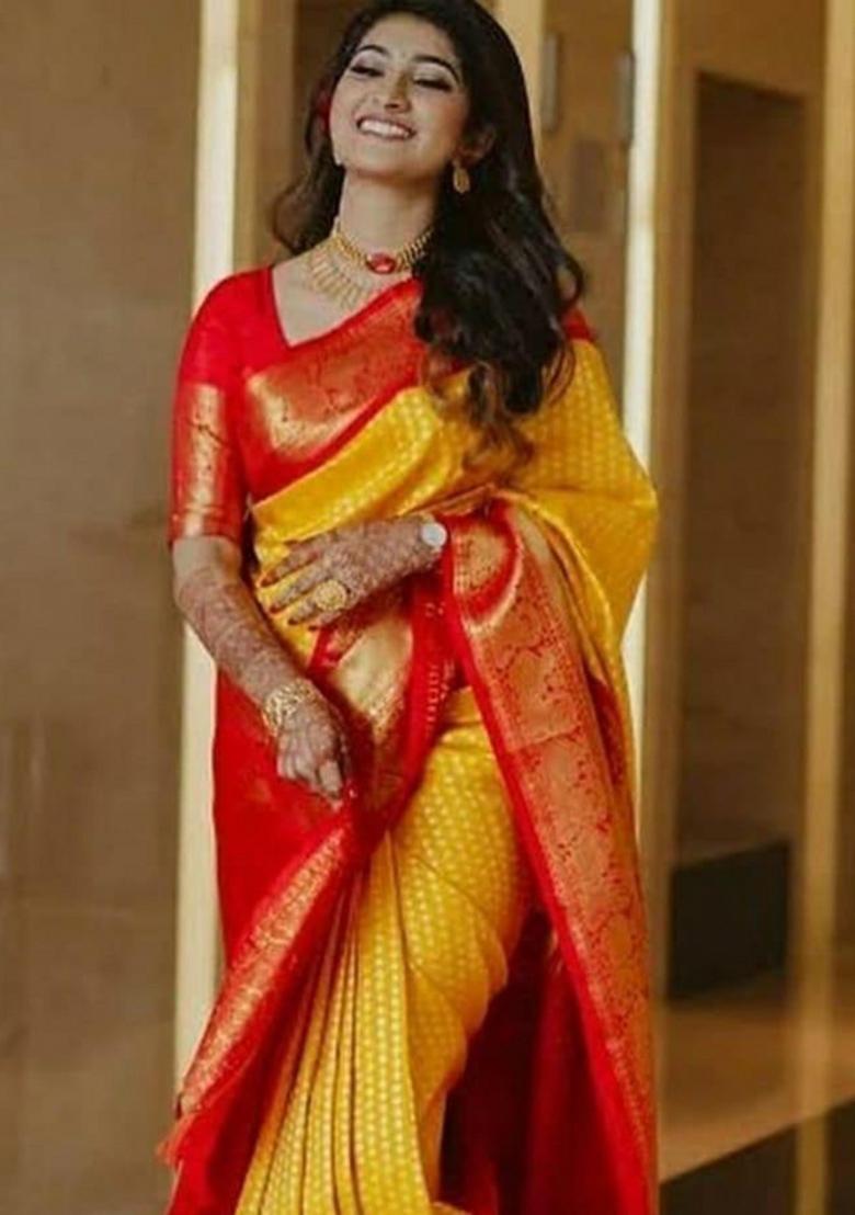 Yellow Zari Work Silk Saree With Blouse - Indya