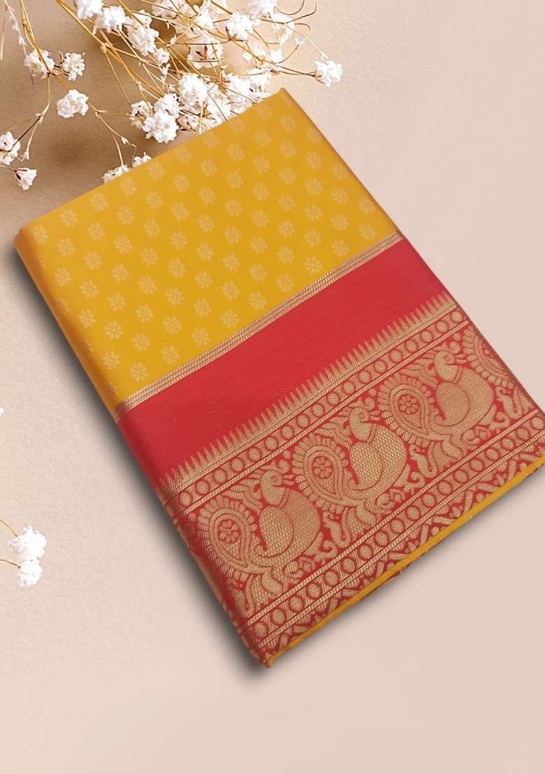 Yellow Zari Work Silk Blend Saree With Blouse for Diwali and Festive Wear - Indya