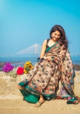 Beige Printed Linen Saree With Blouse