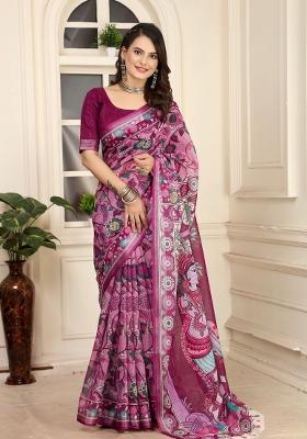 Wine Printed Linen Saree With Blouse