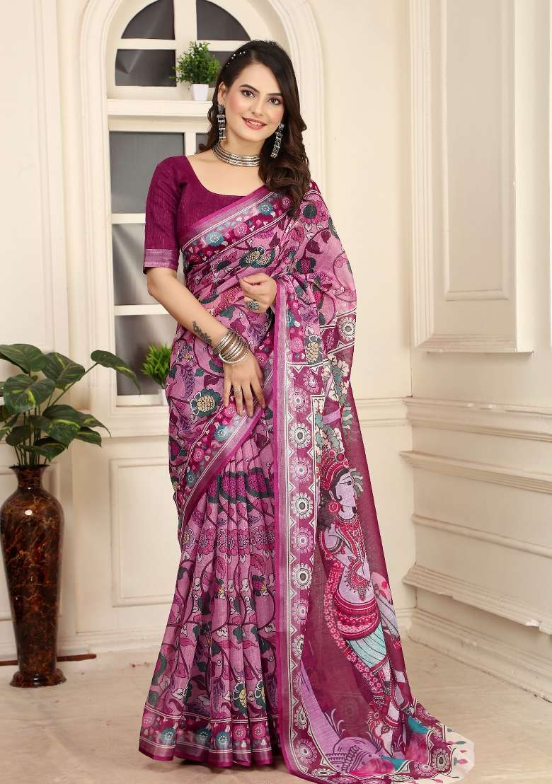 Wine With Blouse Linen Saree with Printed for Diwali | Wedding & Festive Wear - Indya