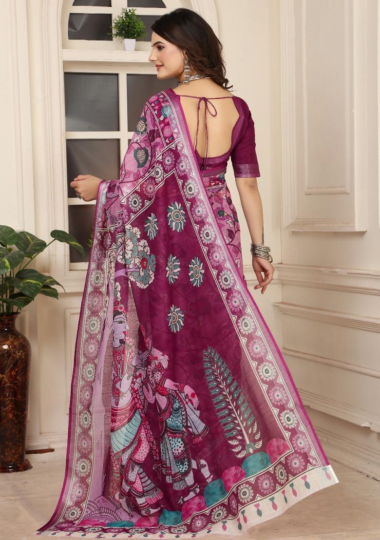 Wine Printed Linen Saree With Blouse - Indya
