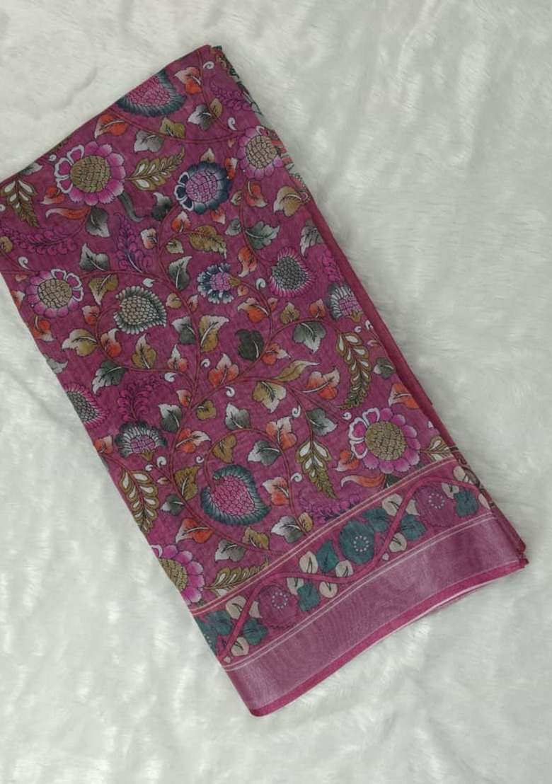 Wine With Blouse Linen Saree with Printed for Diwali | Wedding & Festive Wear - Indya