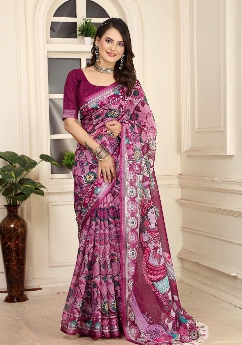 Wine Printed Linen Saree With Blouse — view on Indya