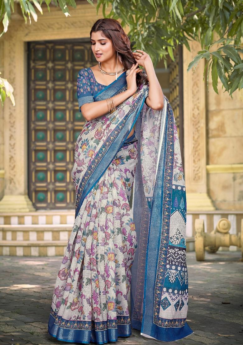 Off White Printed Linen Saree With Blouse - Indya