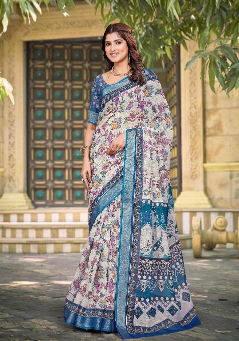Off White Printed Linen Saree With Blouse — view on Indya