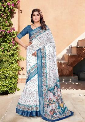 White Printed Linen Saree With Blouse