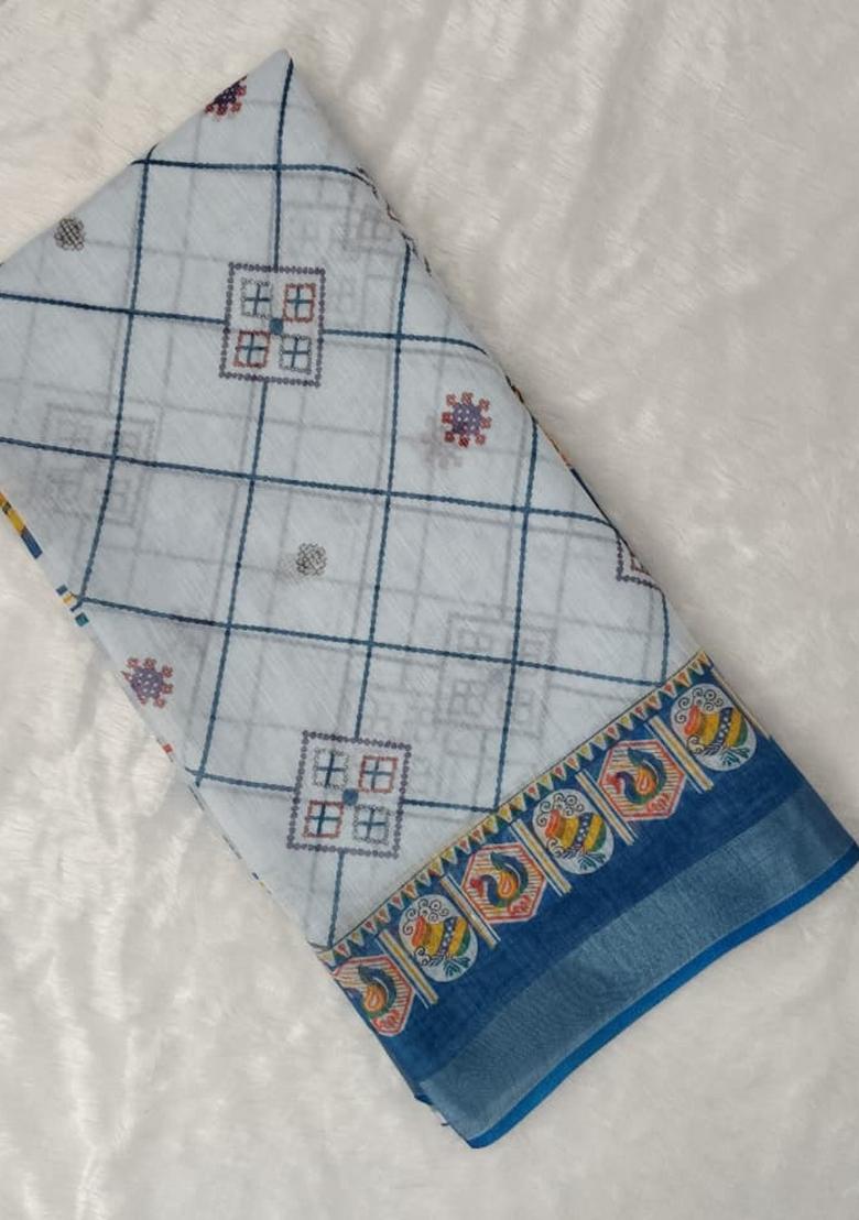 White Printed Linen Saree With Blouse - Indya