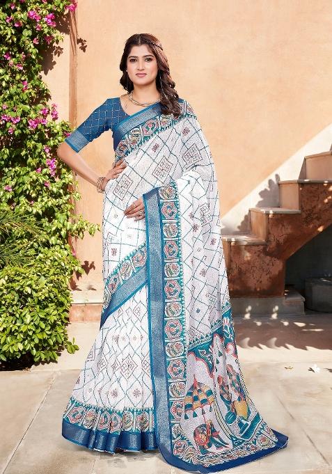 White Printed Linen Saree With Blouse — view on Indya