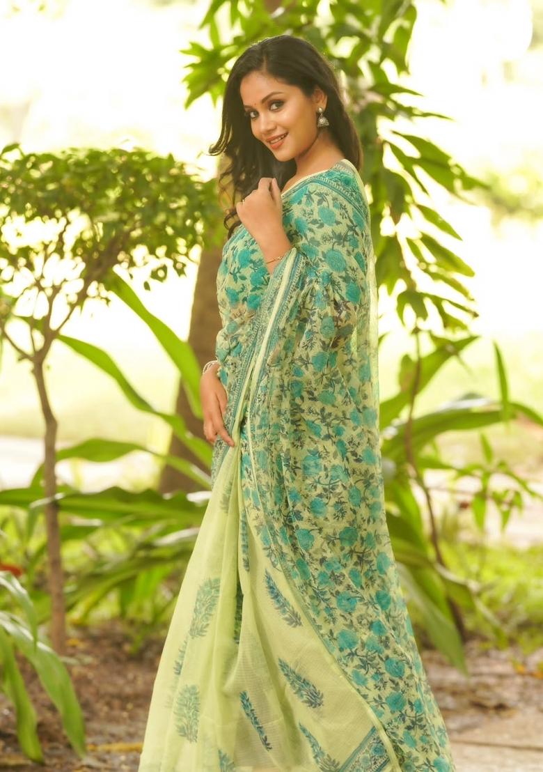 Light Green Printed Linen Saree With Blouse - Indya