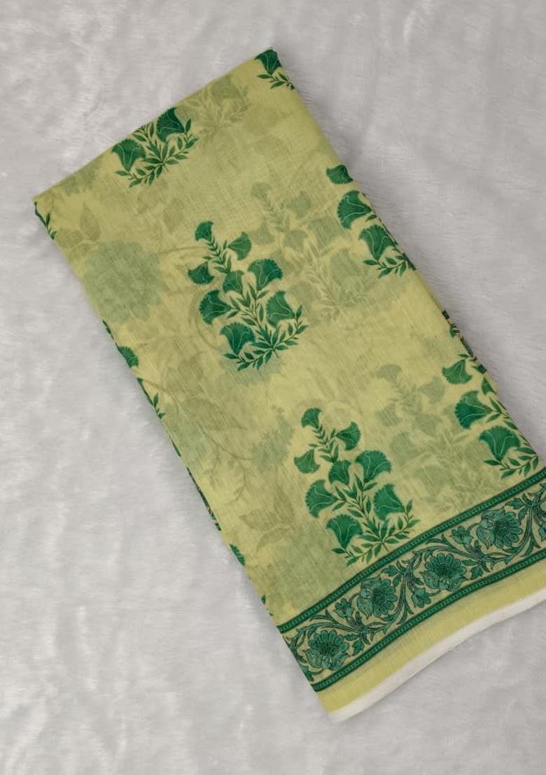 Light Green Printed Linen Saree With Blouse - Indya