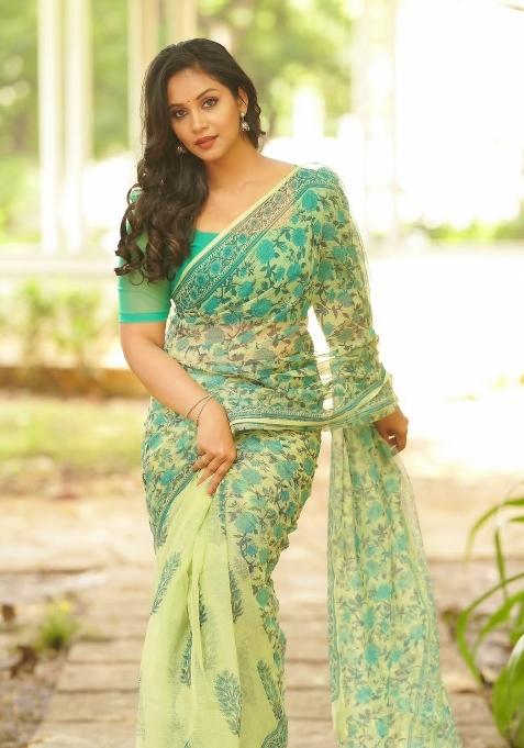 Light Green Printed Linen Saree With Blouse — view on Indya