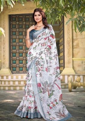 White Printed Linen Saree With Blouse