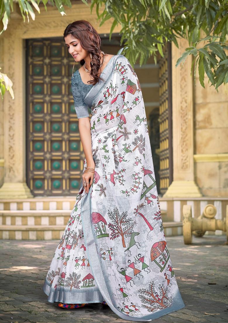 White Printed Linen Saree With Blouse - Indya
