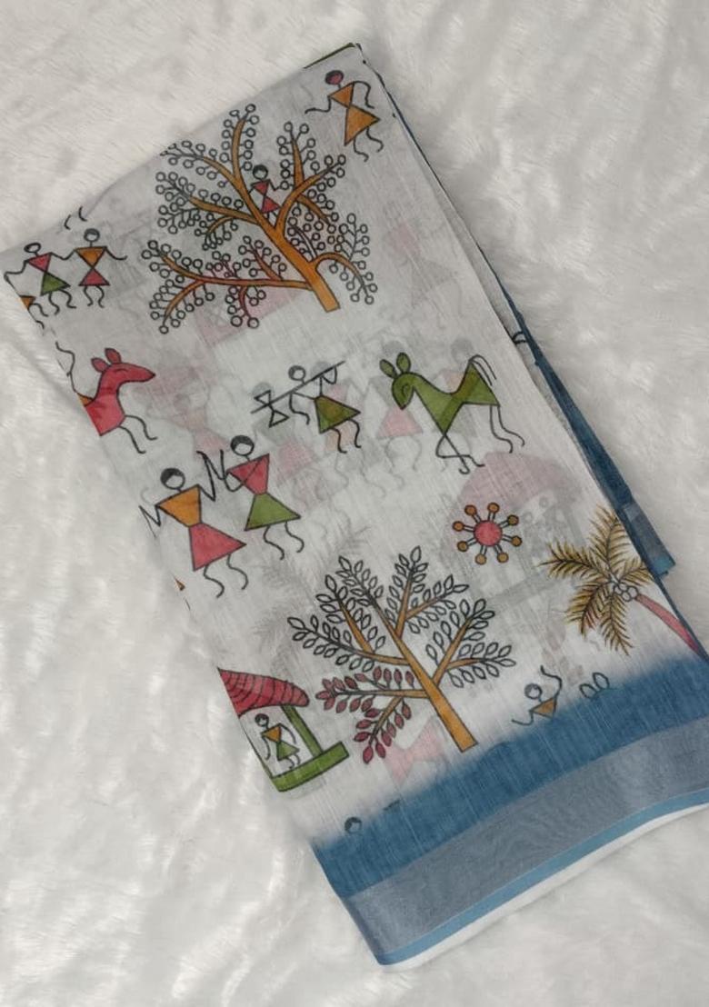 White Printed Linen Saree With Blouse - Indya