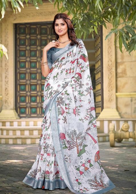 White Printed Linen Saree With Blouse