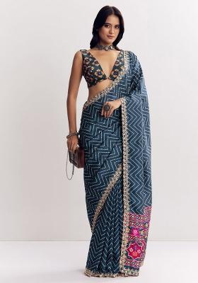Blue Printed Silk Saree With Blouse
