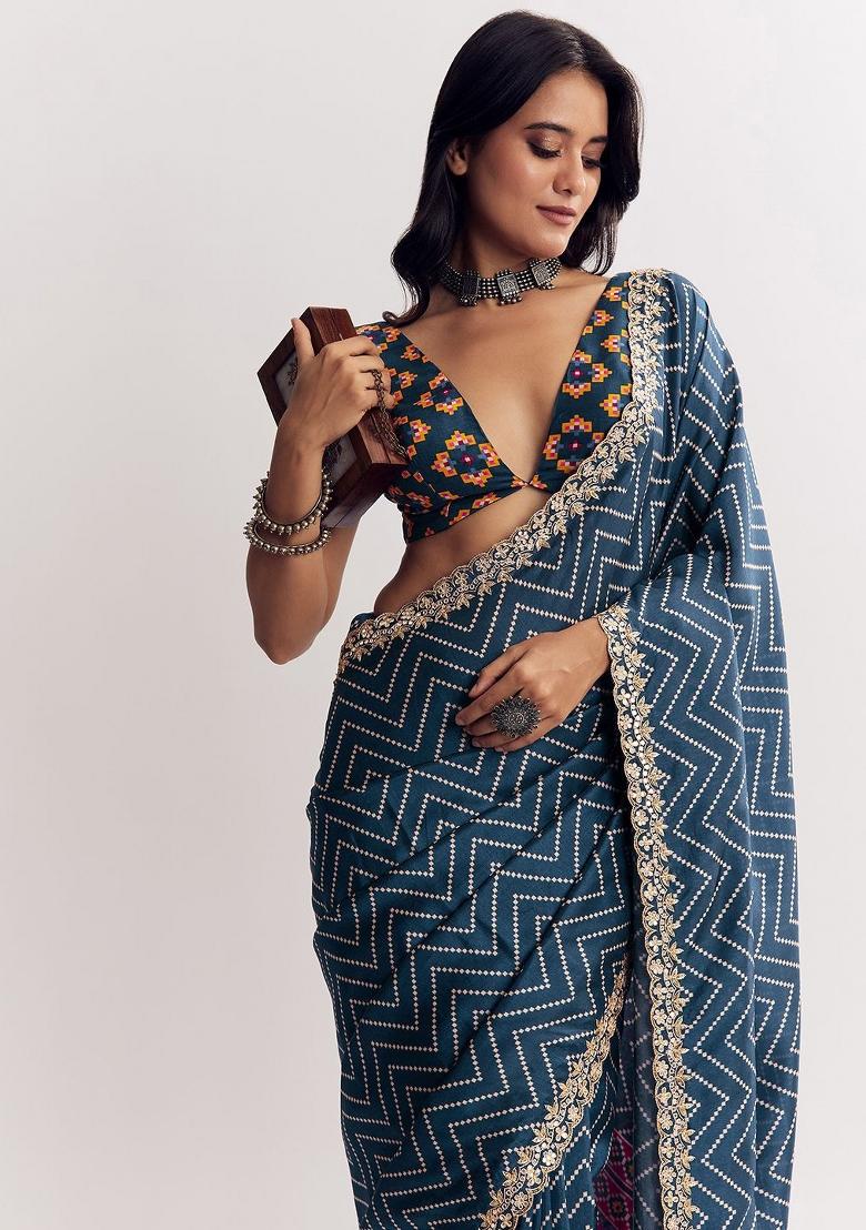 Blue Printed Silk Saree With Blouse - Indya